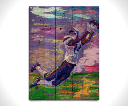 A portrait painting of Minnesota Vikings star wide receiver Stefon Diggs, leaping to catch a football. It is painted in a primarilu purple palette, reminiscent of the team's colors. Printed on a wood pallet.