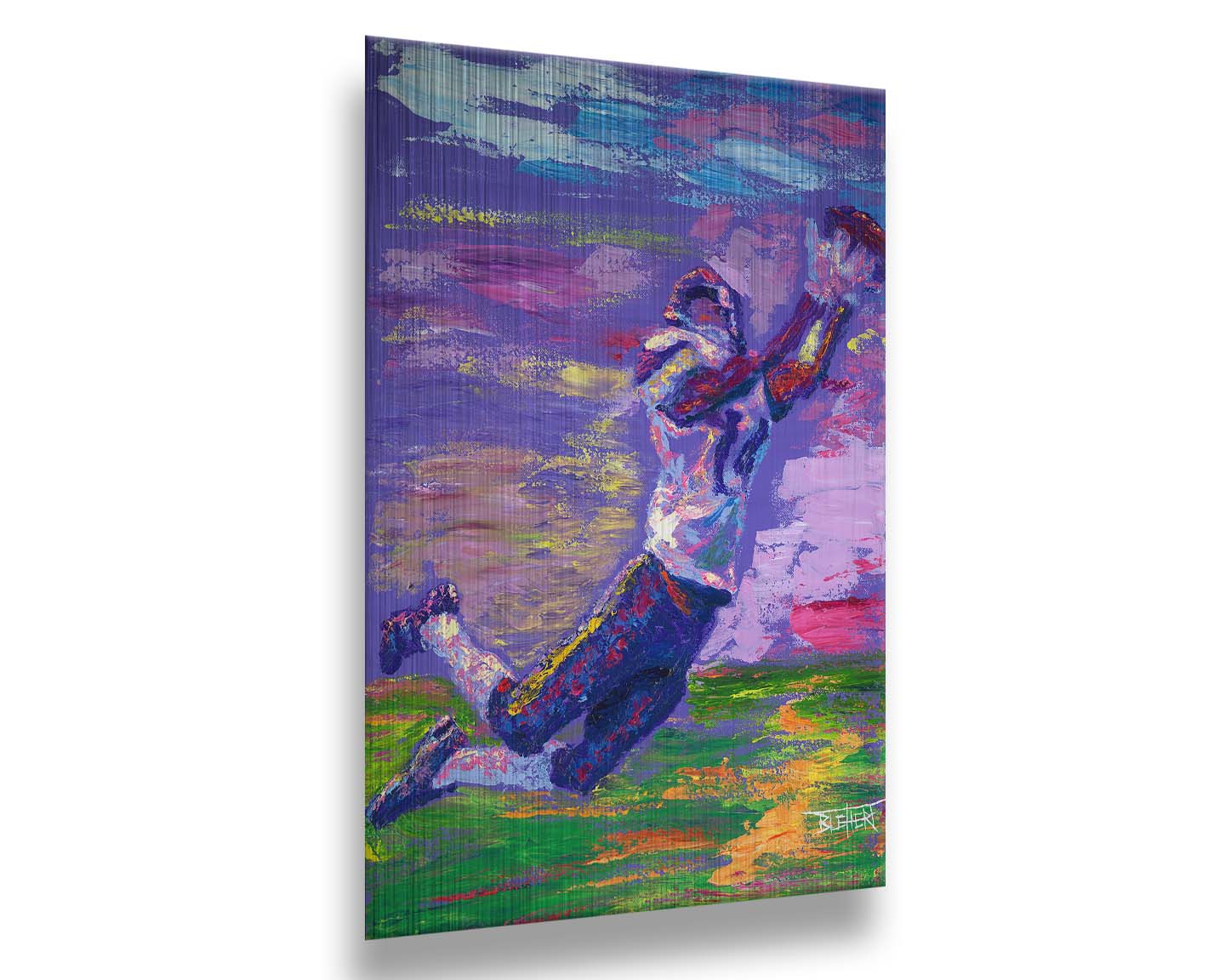 A portrait painting of Minnesota Vikings star wide receiver Stefon Diggs, leaping to catch a football. It is painted in a primarilu purple palette, reminiscent of the team's colors. Printed on metal.