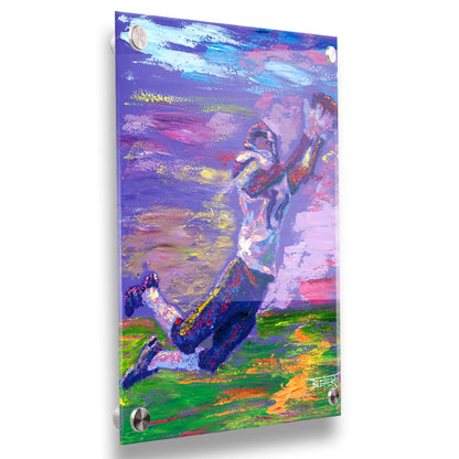 A portrait painting of Minnesota Vikings star wide receiver Stefon Diggs, leaping to catch a football. It is painted in a primarilu purple palette, reminiscent of the team's colors. Printed on acrylic.