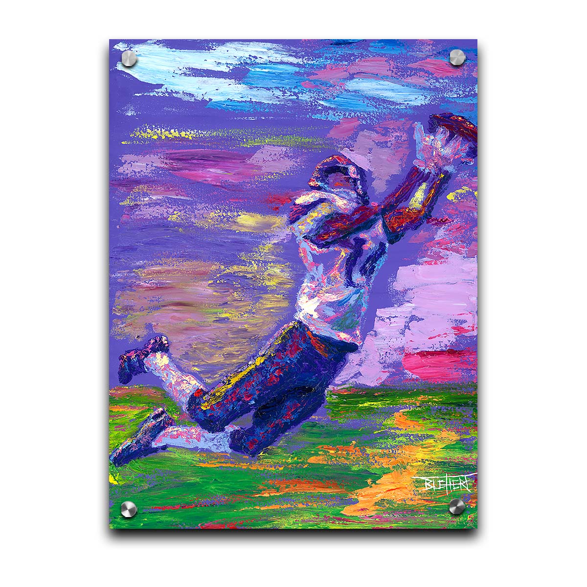 A portrait painting of Minnesota Vikings star wide receiver Stefon Diggs, leaping to catch a football. It is painted in a primarilu purple palette, reminiscent of the team's colors. Printed on acrylic.