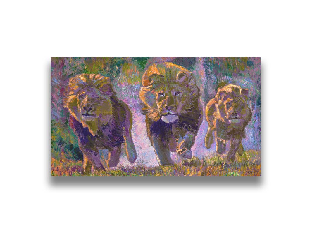 A painting of three fierce lions on the hunt, running "toward" the viewer. The visible brushstrokes and use of broken color acentuate the movement of the animals. Printed on canvas.