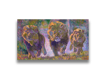 A painting of three fierce lions on the hunt, running "toward" the viewer. The visible brushstrokes and use of broken color acentuate the movement of the animals. Printed on canvas.