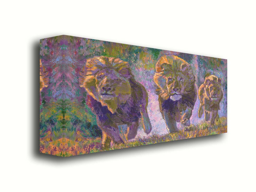 A painting of three fierce lions on the hunt, running "toward" the viewer. The visible brushstrokes and use of broken color acentuate the movement of the animals. Printed on canvas.