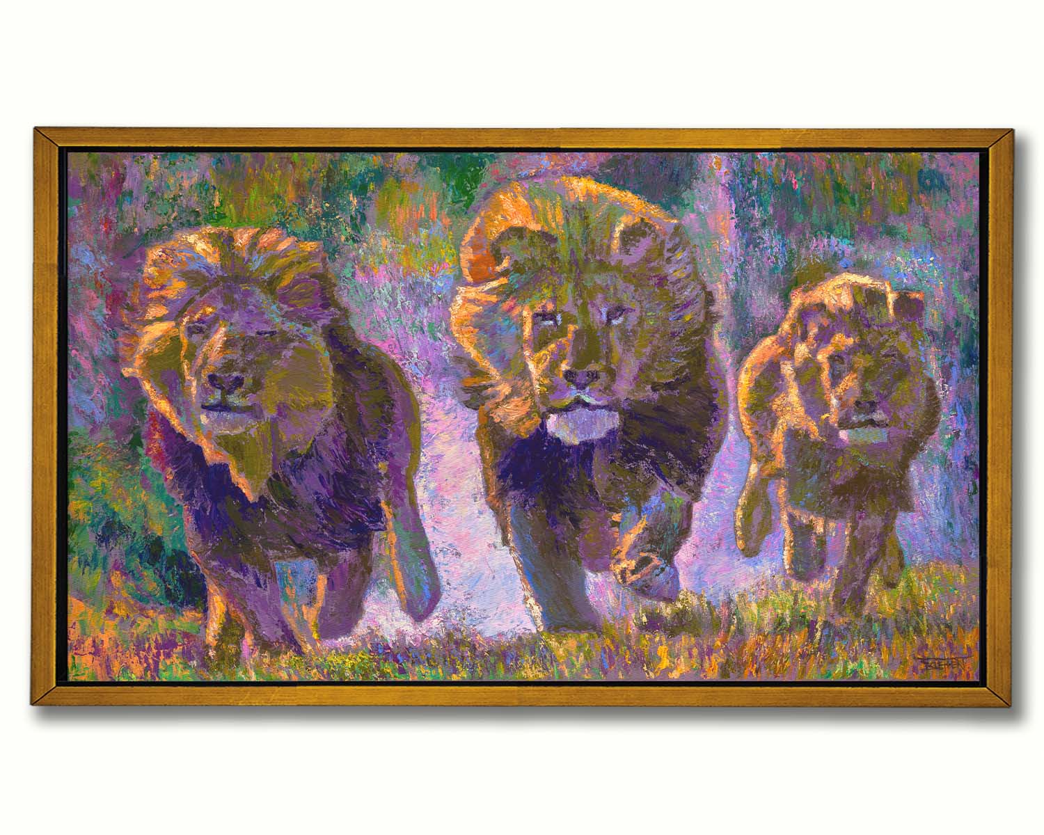 A painting of three fierce lions on the hunt, running "toward" the viewer. The visible brushstrokes and use of broken color acentuate the movement of the animals. Printed on canvas in a float frame.