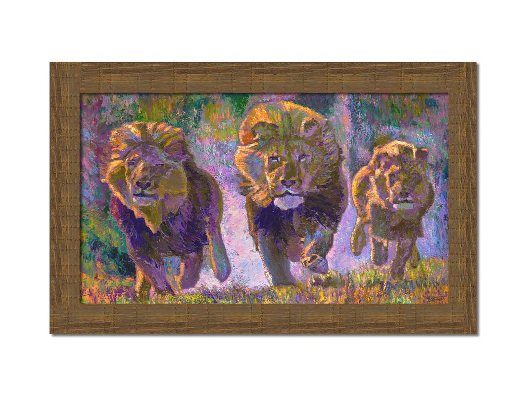 A painting of three fierce lions on the hunt, running "toward" the viewer. The visible brushstrokes and use of broken color acentuate the movement of the animals. Printed on canvas and framed.