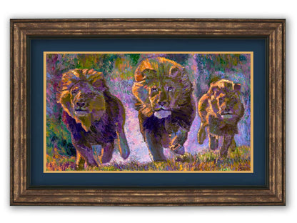 A painting of three fierce lions on the hunt, running "toward" the viewer. The visible brushstrokes and use of broken color acentuate the movement of the animals. Printed on paper, matted, and framed.