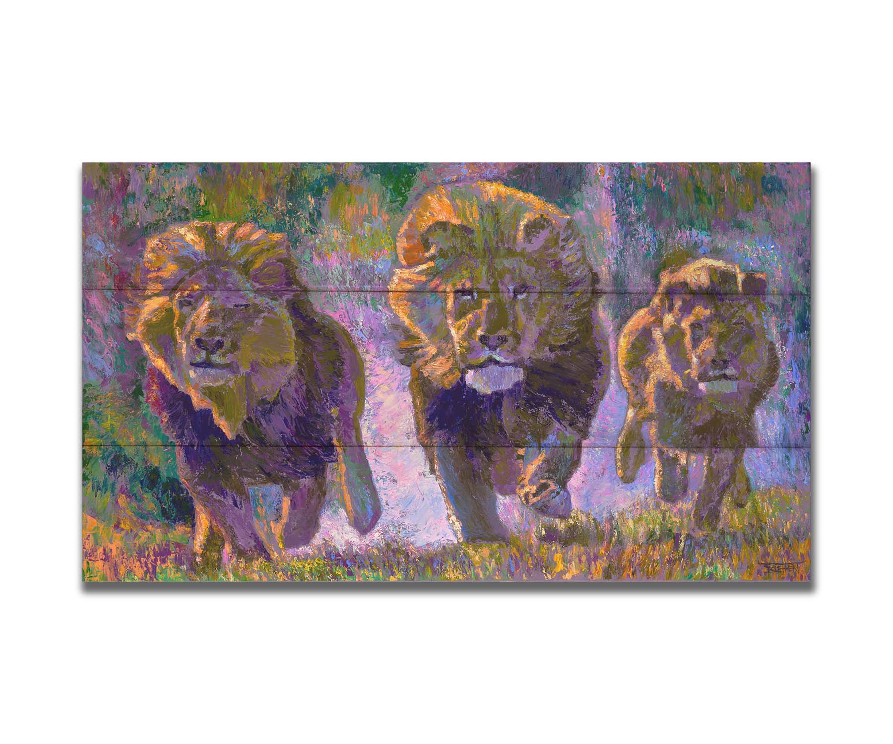 A painting of three fierce lions on the hunt, running "toward" the viewer. The visible brushstrokes and use of broken color acentuate the movement of the animals. Printed on a box board.