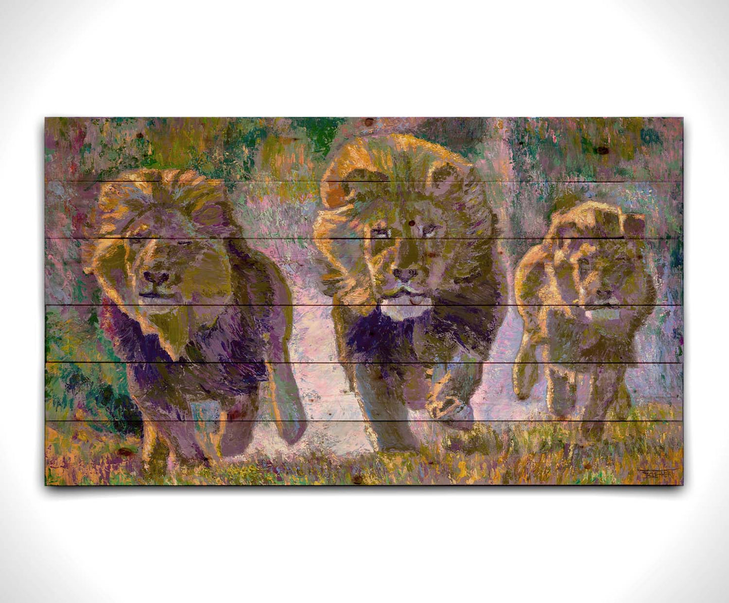 A painting of three fierce lions on the hunt, running "toward" the viewer. The visible brushstrokes and use of broken color acentuate the movement of the animals. Printed on a wood pallet.