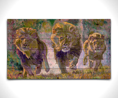 A painting of three fierce lions on the hunt, running "toward" the viewer. The visible brushstrokes and use of broken color acentuate the movement of the animals. Printed on a wood pallet.