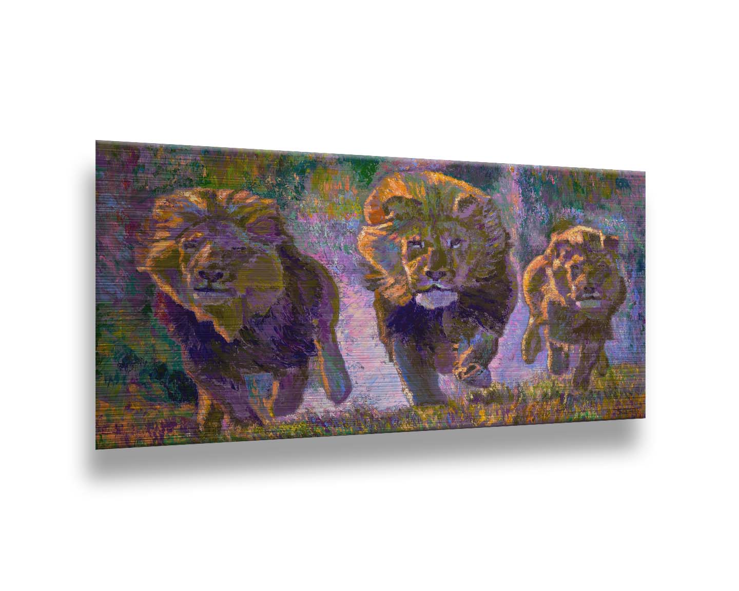 A painting of three fierce lions on the hunt, running "toward" the viewer. The visible brushstrokes and use of broken color acentuate the movement of the animals. Printed on metal.