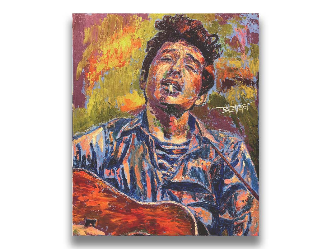 A portrait painting of highly acclaimed singer-songwriter Bob Dylan. The musician is painted in a broken color style that brings the piece to life. Printed on canvas.