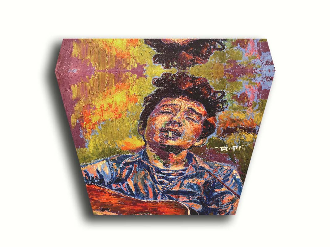 A portrait painting of highly acclaimed singer-songwriter Bob Dylan. The musician is painted in a broken color style that brings the piece to life. Printed on canvas.