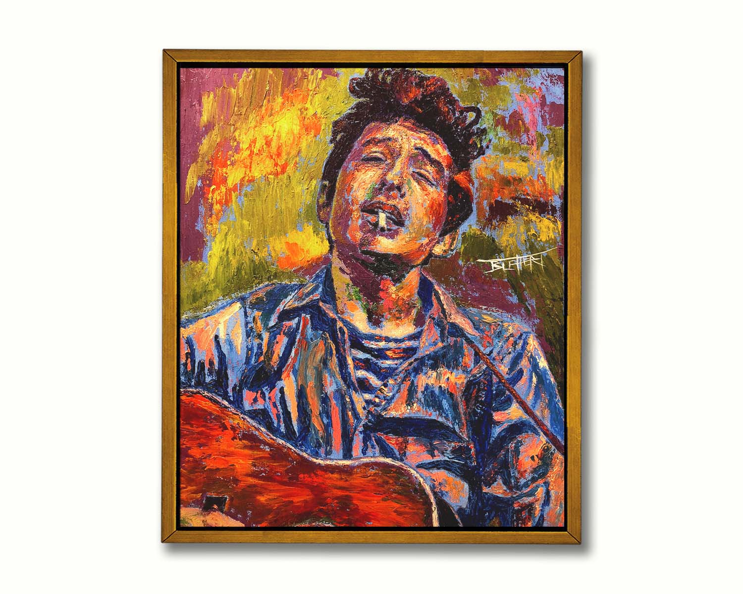 A portrait painting of highly acclaimed singer-songwriter Bob Dylan. The musician is painted in a broken color style that brings the piece to life. Printed on canvas in a float frame.