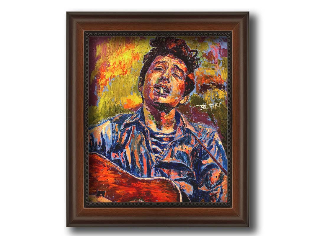 A portrait painting of highly acclaimed singer-songwriter Bob Dylan. The musician is painted in a broken color style that brings the piece to life. Printed on canvas and framed.