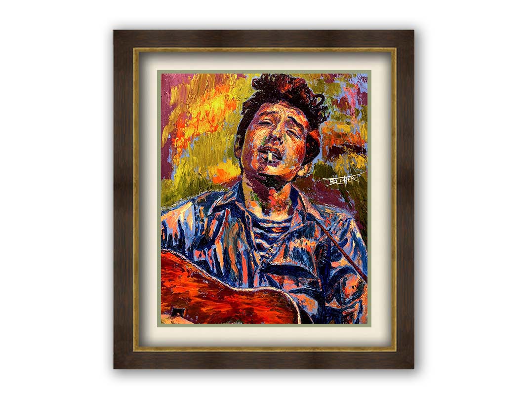 A portrait painting of highly acclaimed singer-songwriter Bob Dylan. The musician is painted in a broken color style that brings the piece to life. Printed on paper, matted, and framed.