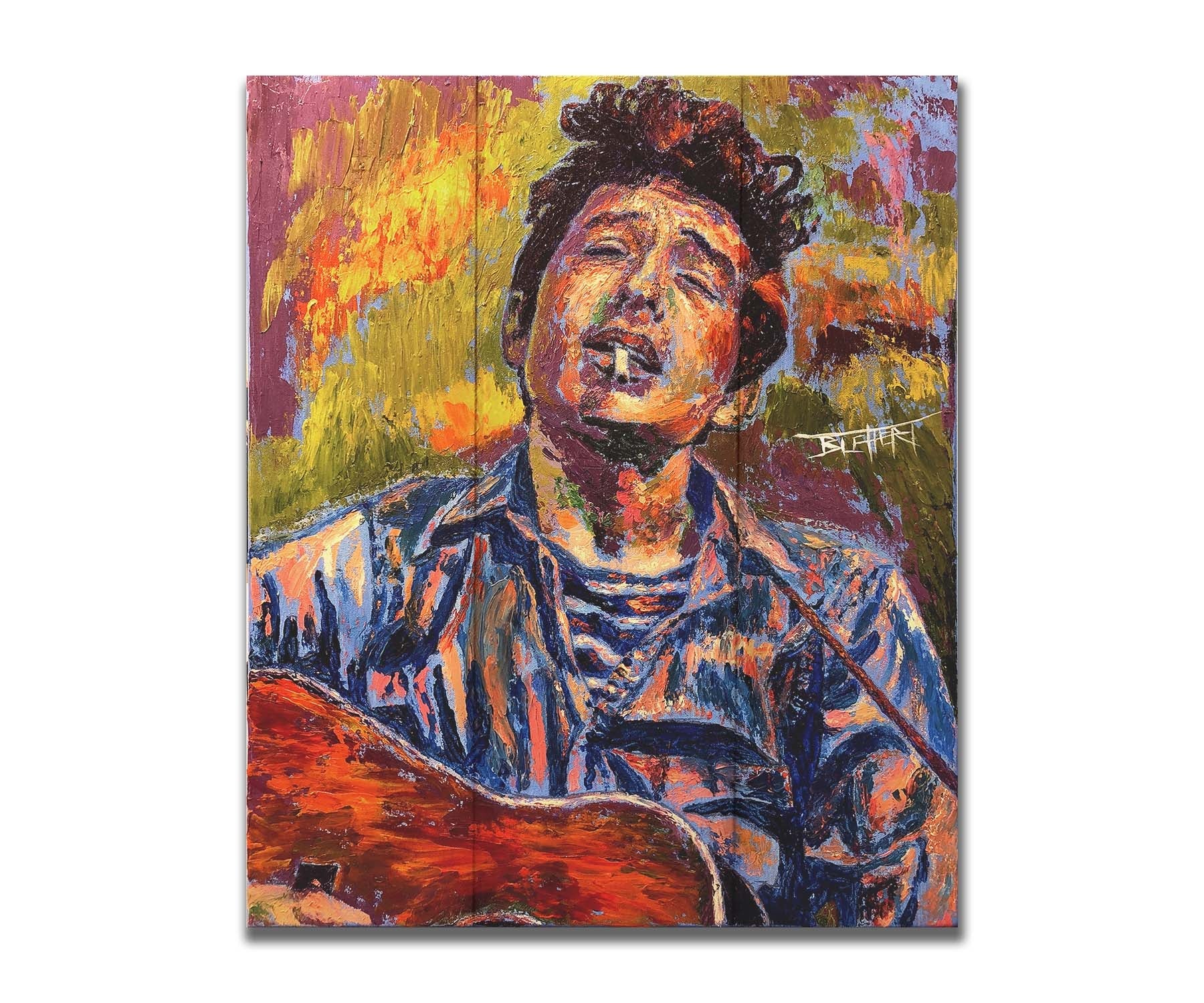 A portrait painting of highly acclaimed singer-songwriter Bob Dylan. The musician is painted in a broken color style that brings the piece to life. Printed on a box board.