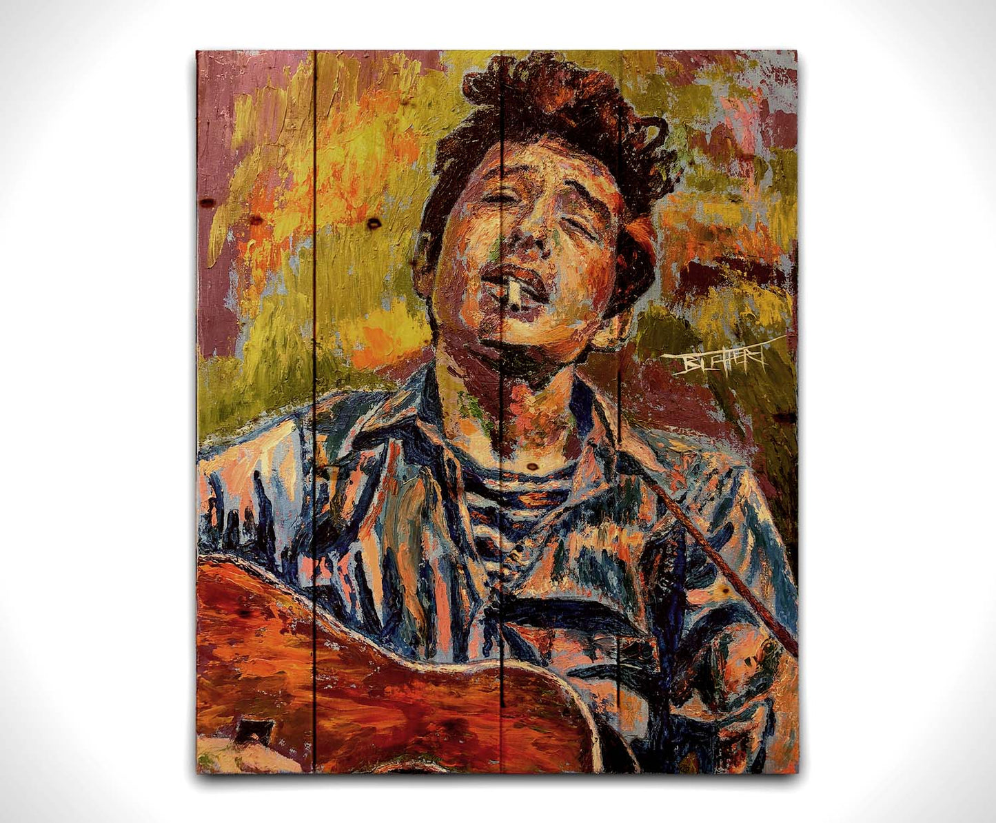 A portrait painting of highly acclaimed singer-songwriter Bob Dylan. The musician is painted in a broken color style that brings the piece to life. Printed on a wood pallet.