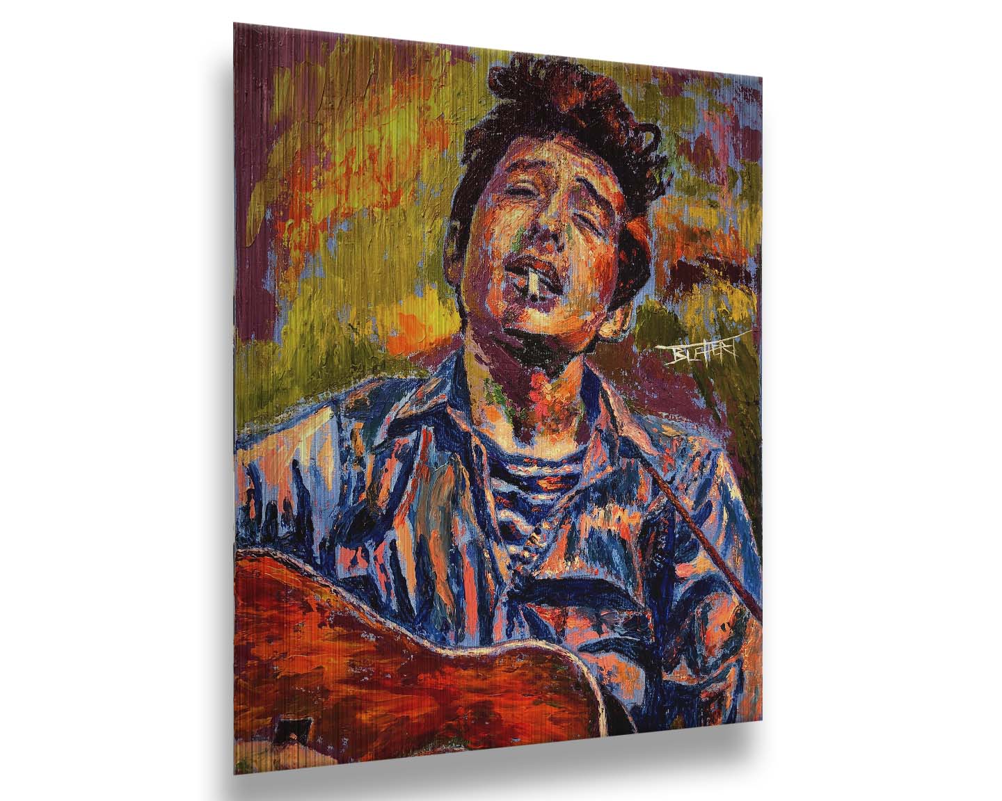 A portrait painting of highly acclaimed singer-songwriter Bob Dylan. The musician is painted in a broken color style that brings the piece to life. Printed on metal.