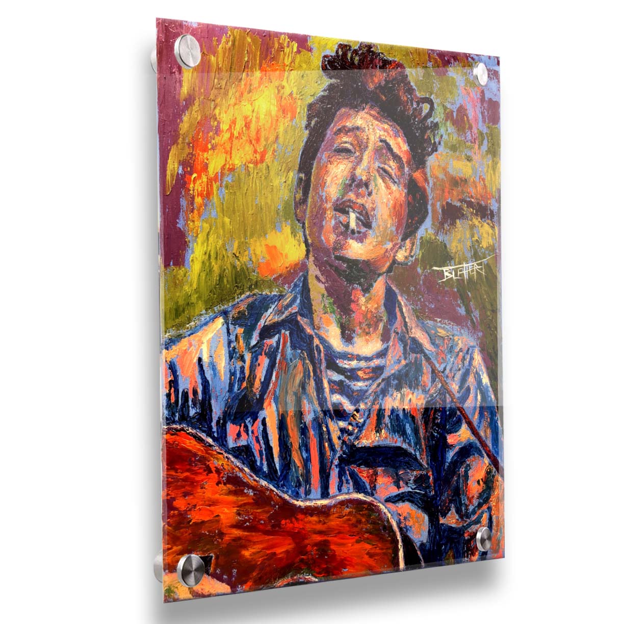 A portrait painting of highly acclaimed singer-songwriter Bob Dylan. The musician is painted in a broken color style that brings the piece to life. Printed on acrylic.