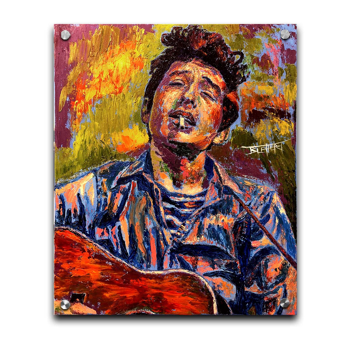 A portrait painting of highly acclaimed singer-songwriter Bob Dylan. The musician is painted in a broken color style that brings the piece to life. Printed on acrylic.