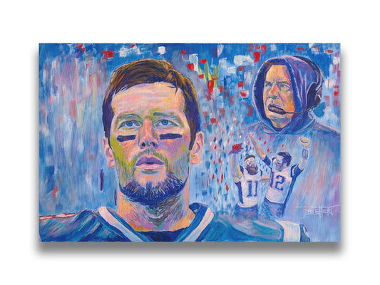 A painting of famous New England Patriot's football figures Tom Brady, Bill Belichick, and Julian Edelman. This collage of portraits, created using a blue, white, and red palette, is set against an abstract background. Printed on canvas.