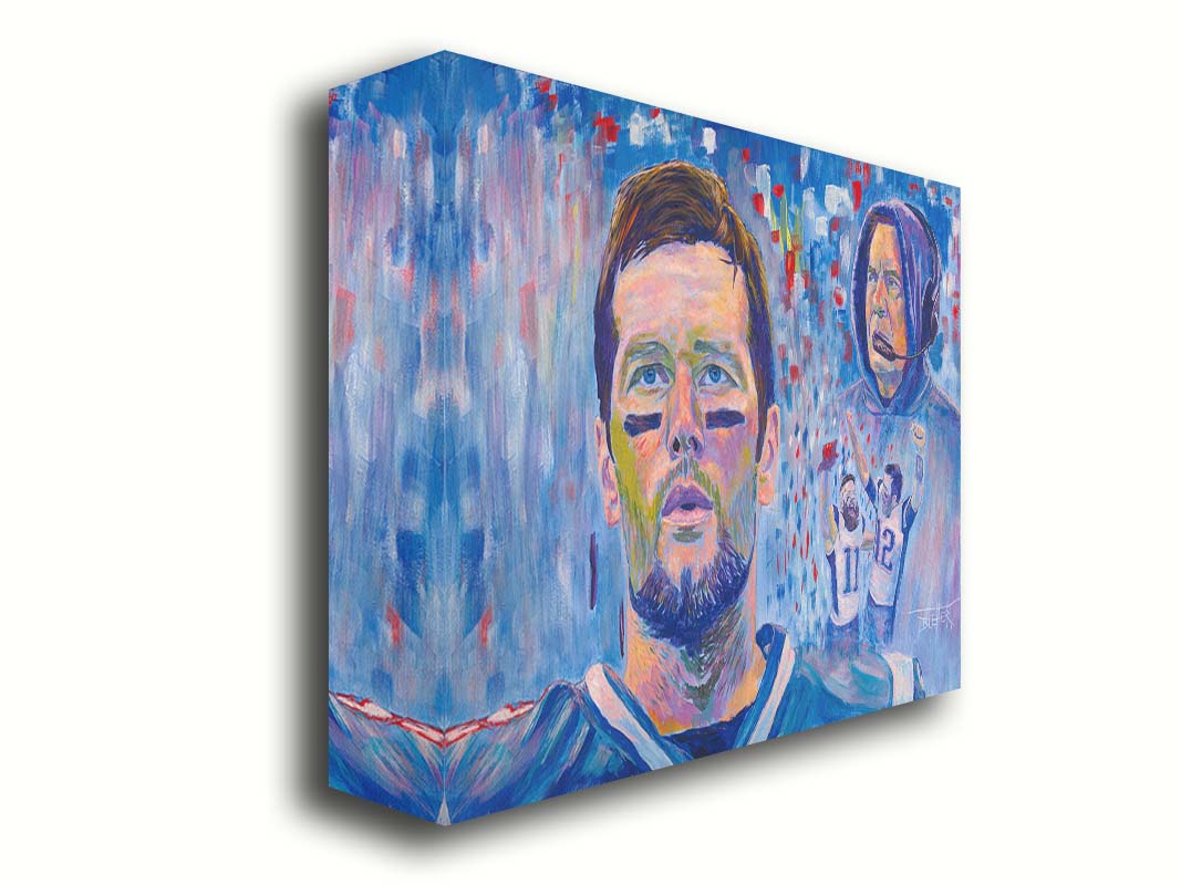 A painting of famous New England Patriot's football figures Tom Brady, Bill Belichick, and Julian Edelman. This collage of portraits, created using a blue, white, and red palette, is set against an abstract background. Printed on canvas.