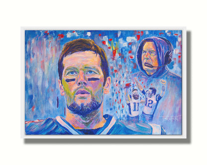 A painting of famous New England Patriot's football figures Tom Brady, Bill Belichick, and Julian Edelman. This collage of portraits, created using a blue, white, and red palette, is set against an abstract background. Printed on canvas in a float frame.