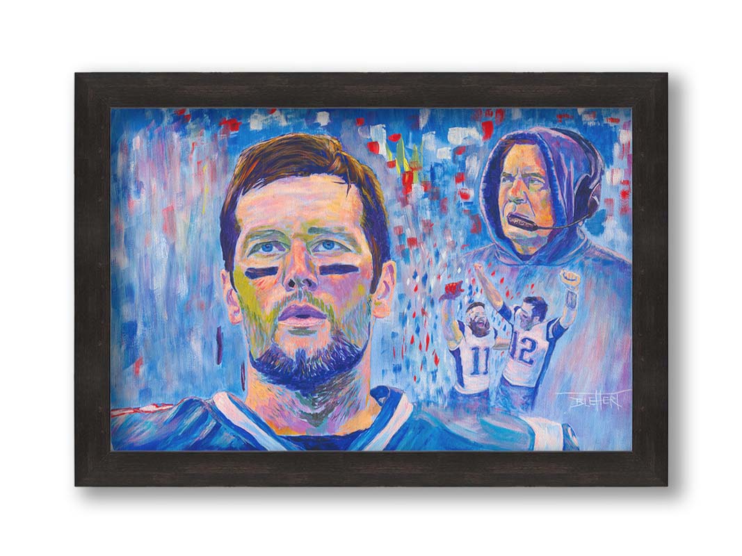 A painting of famous New England Patriot's football figures Tom Brady, Bill Belichick, and Julian Edelman. This collage of portraits, created using a blue, white, and red palette, is set against an abstract background. Printed on canvas and framed.