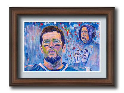 A painting of famous New England Patriot's football figures Tom Brady, Bill Belichick, and Julian Edelman. This collage of portraits, created using a blue, white, and red palette, is set against an abstract background. Printed on paper, matted, and framed.