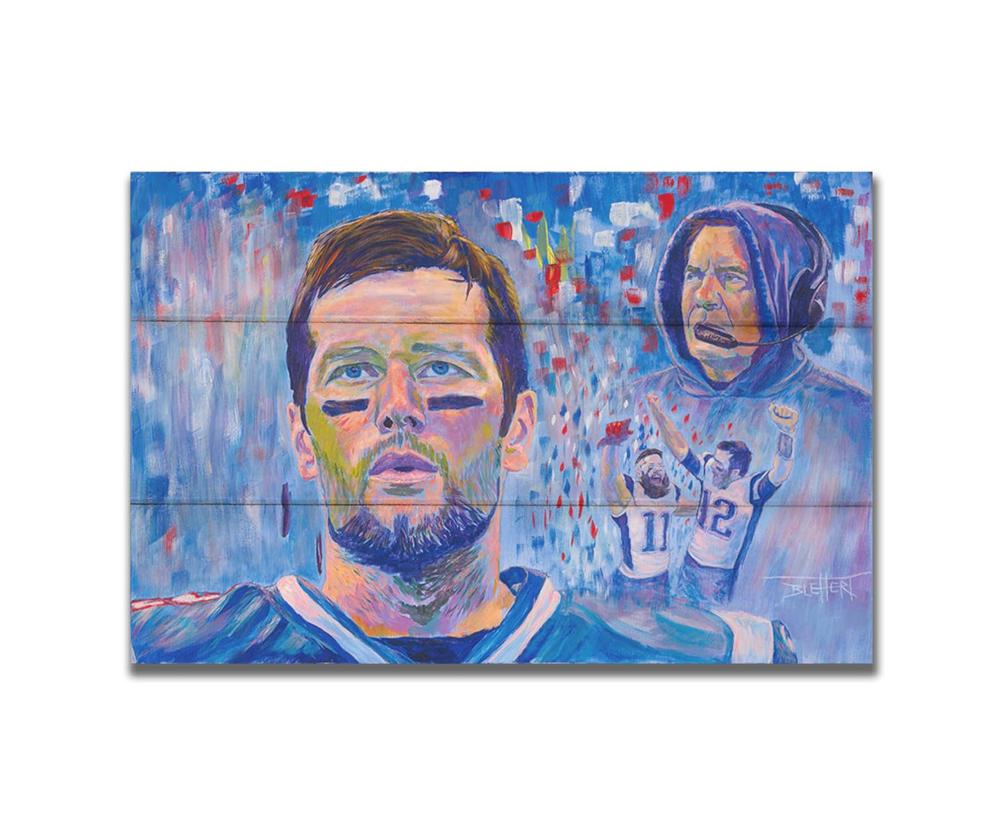 A painting of famous New England Patriot's football figures Tom Brady, Bill Belichick, and Julian Edelman. This collage of portraits, created using a blue, white, and red palette, is set against an abstract background. Printed on a box board.