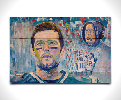 A painting of famous New England Patriot's football figures Tom Brady, Bill Belichick, and Julian Edelman. This collage of portraits, created using a blue, white, and red palette, is set against an abstract background. Printed on a wood pallet.