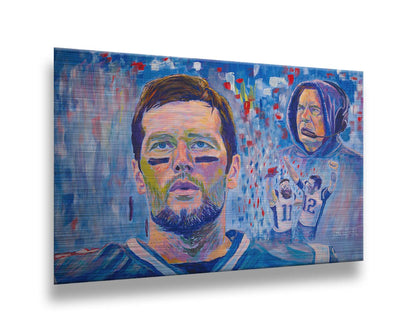 A painting of famous New England Patriot's football figures Tom Brady, Bill Belichick, and Julian Edelman. This collage of portraits, created using a blue, white, and red palette, is set against an abstract background. Printed on metal.