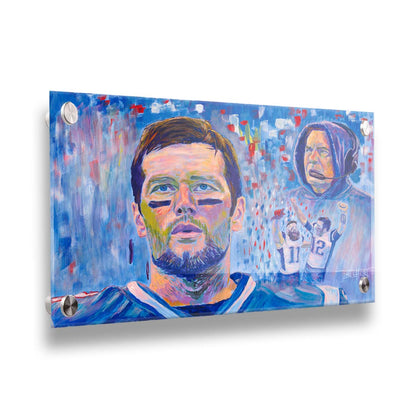 A painting of famous New England Patriot's football figures Tom Brady, Bill Belichick, and Julian Edelman. This collage of portraits, created using a blue, white, and red palette, is set against an abstract background. Printed on acrylic.