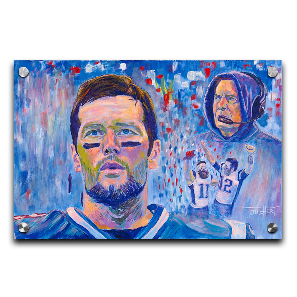 A painting of famous New England Patriot's football figures Tom Brady, Bill Belichick, and Julian Edelman. This collage of portraits, created using a blue, white, and red palette, is set against an abstract background. Printed on acrylic.