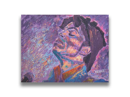 A portrait painting of world-famous musician Prince, standing at a microphone and performing. The painting uses a primarily purple palette, a color Prince is known for. Printed on canvas.