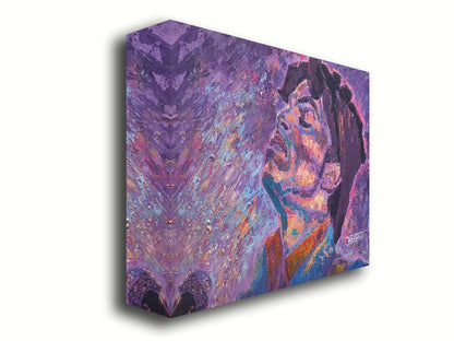 A portrait painting of world-famous musician Prince, standing at a microphone and performing. The painting uses a primarily purple palette, a color Prince is known for. Printed on canvas.