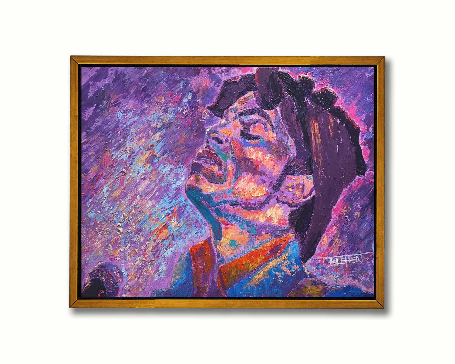 A portrait painting of world-famous musician Prince, standing at a microphone and performing. The painting uses a primarily purple palette, a color Prince is known for. Printed on canvas in a float frame.