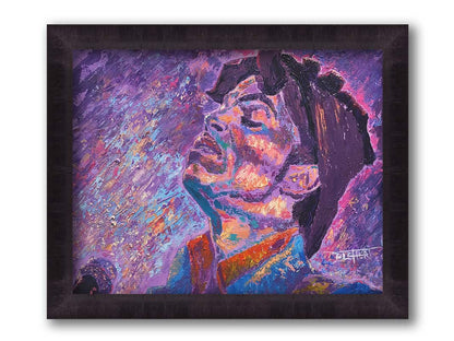 A portrait painting of world-famous musician Prince, standing at a microphone and performing. The painting uses a primarily purple palette, a color Prince is known for. Printed on canvas and framed.