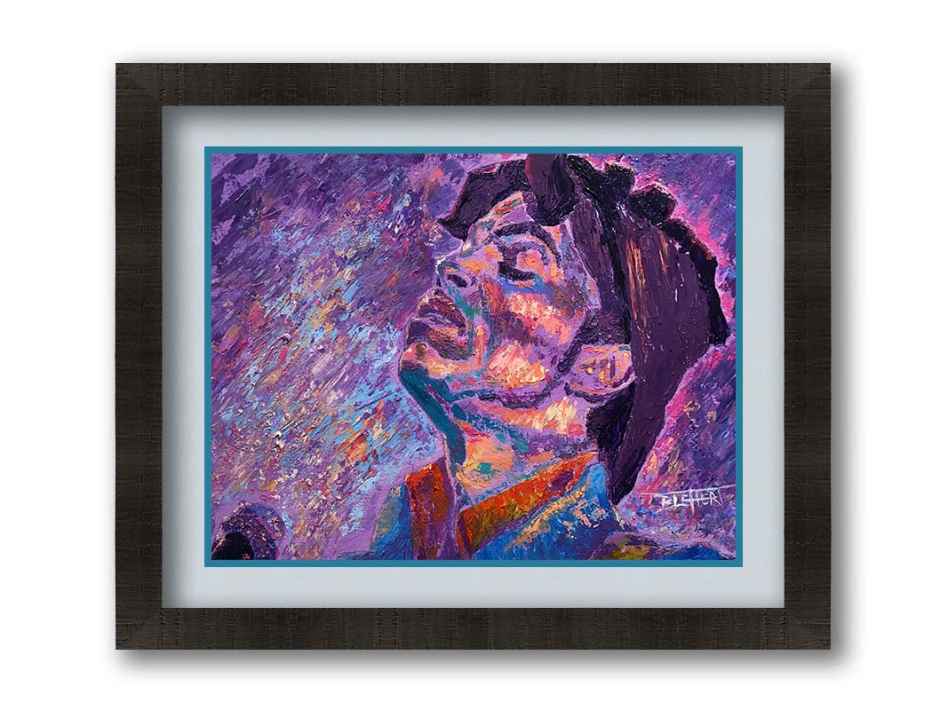 A portrait painting of world-famous musician Prince, standing at a microphone and performing. The painting uses a primarily purple palette, a color Prince is known for. Printed on paper, matted, and framed.