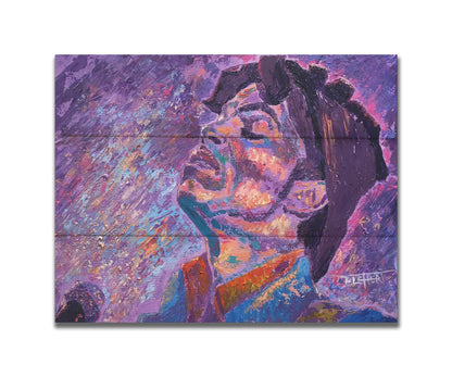 A portrait painting of world-famous musician Prince, standing at a microphone and performing. The painting uses a primarily purple palette, a color Prince is known for. Printed on a box board.