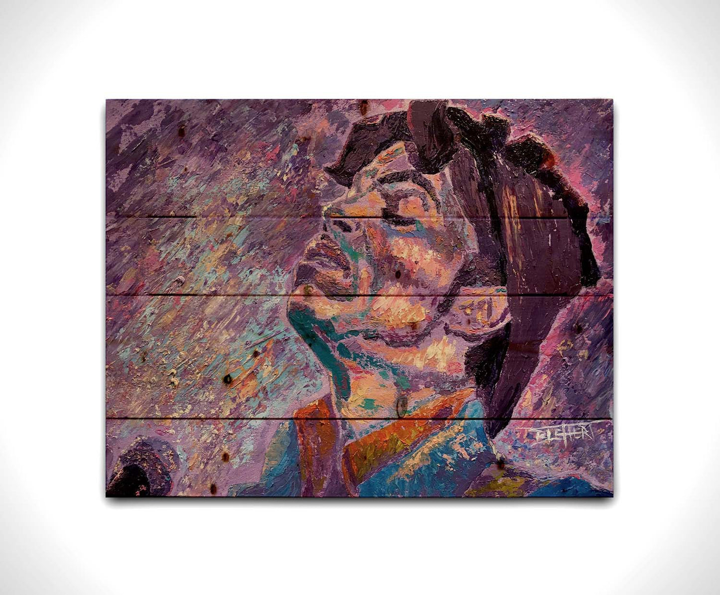 A portrait painting of world-famous musician Prince, standing at a microphone and performing. The painting uses a primarily purple palette, a color Prince is known for. Printed on a wood pallet.