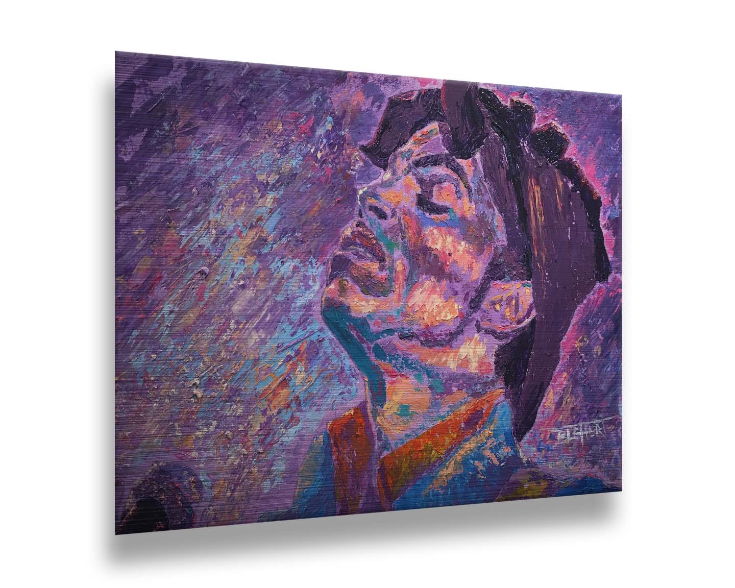 A portrait painting of world-famous musician Prince, standing at a microphone and performing. The painting uses a primarily purple palette, a color Prince is known for. Printed on metal.