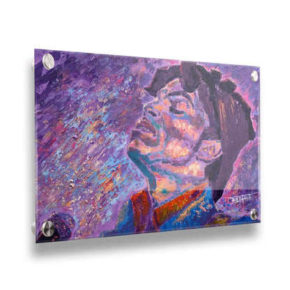 A portrait painting of world-famous musician Prince, standing at a microphone and performing. The painting uses a primarily purple palette, a color Prince is known for. Printed on acrylic.