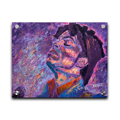 A portrait painting of world-famous musician Prince, standing at a microphone and performing. The painting uses a primarily purple palette, a color Prince is known for. Printed on acrylic.