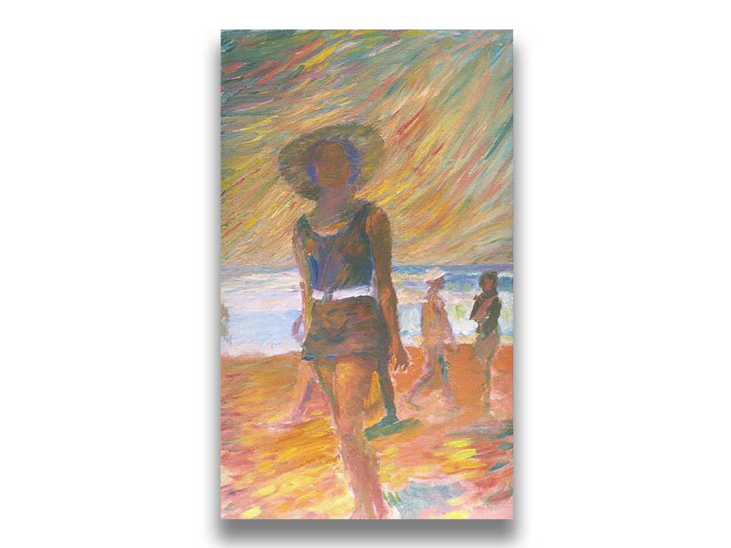 A portrait painting focused on a person at the beach, with other beachgoers visible in the background. The scene incluces orange sands, an orange and green sky, and a pale blue sea. Printed on canvas.