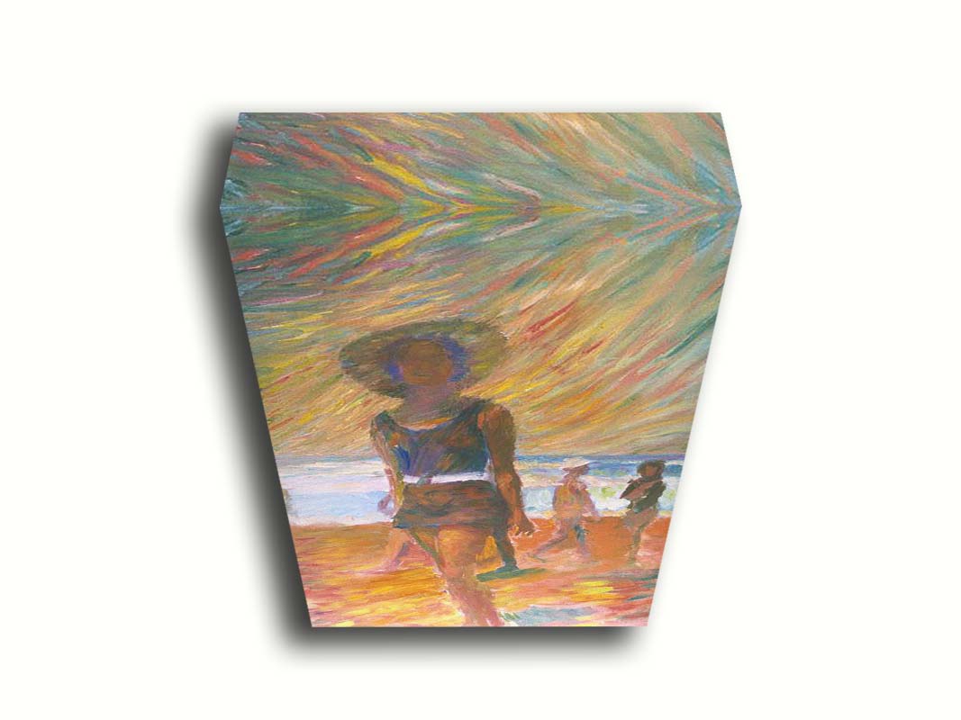 A portrait painting focused on a person at the beach, with other beachgoers visible in the background. The scene incluces orange sands, an orange and green sky, and a pale blue sea. Printed on canvas.