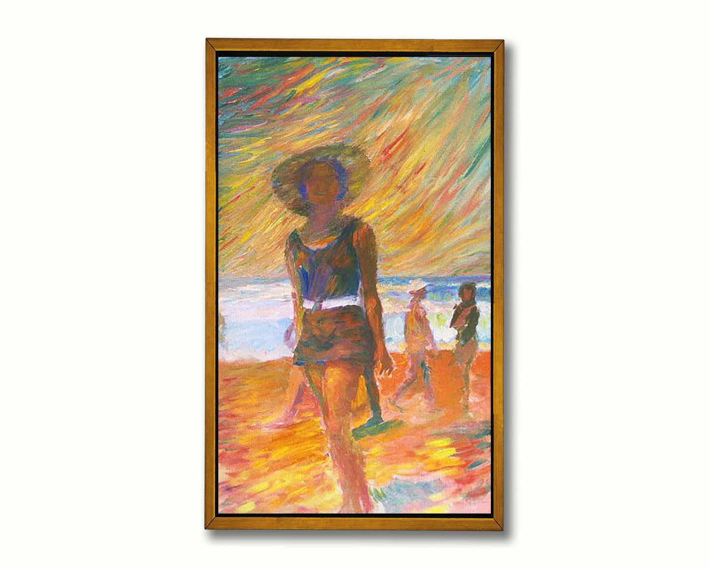 A portrait painting focused on a person at the beach, with other beachgoers visible in the background. The scene incluces orange sands, an orange and green sky, and a pale blue sea. Printed on canvas in a float frame.