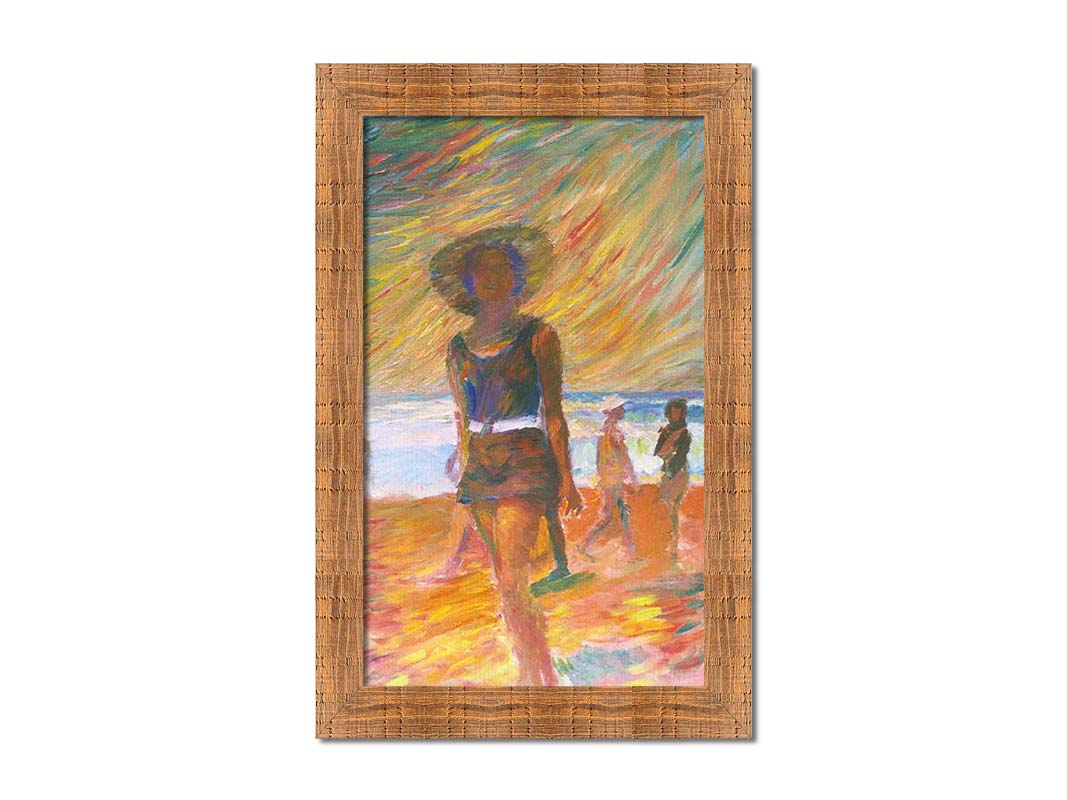 A portrait painting focused on a person at the beach, with other beachgoers visible in the background. The scene incluces orange sands, an orange and green sky, and a pale blue sea. Printed on canvas and framed.