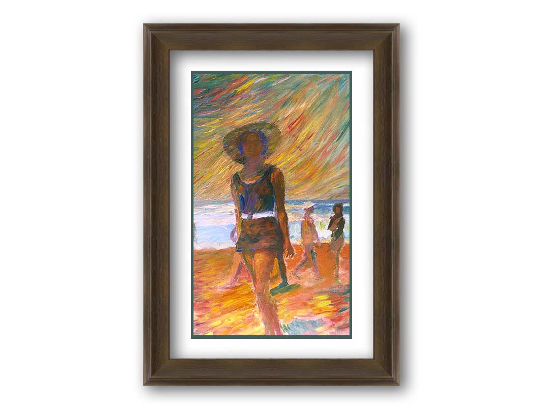 A portrait painting focused on a person at the beach, with other beachgoers visible in the background. The scene incluces orange sands, an orange and green sky, and a pale blue sea. Printed on paper, matted, and framed.