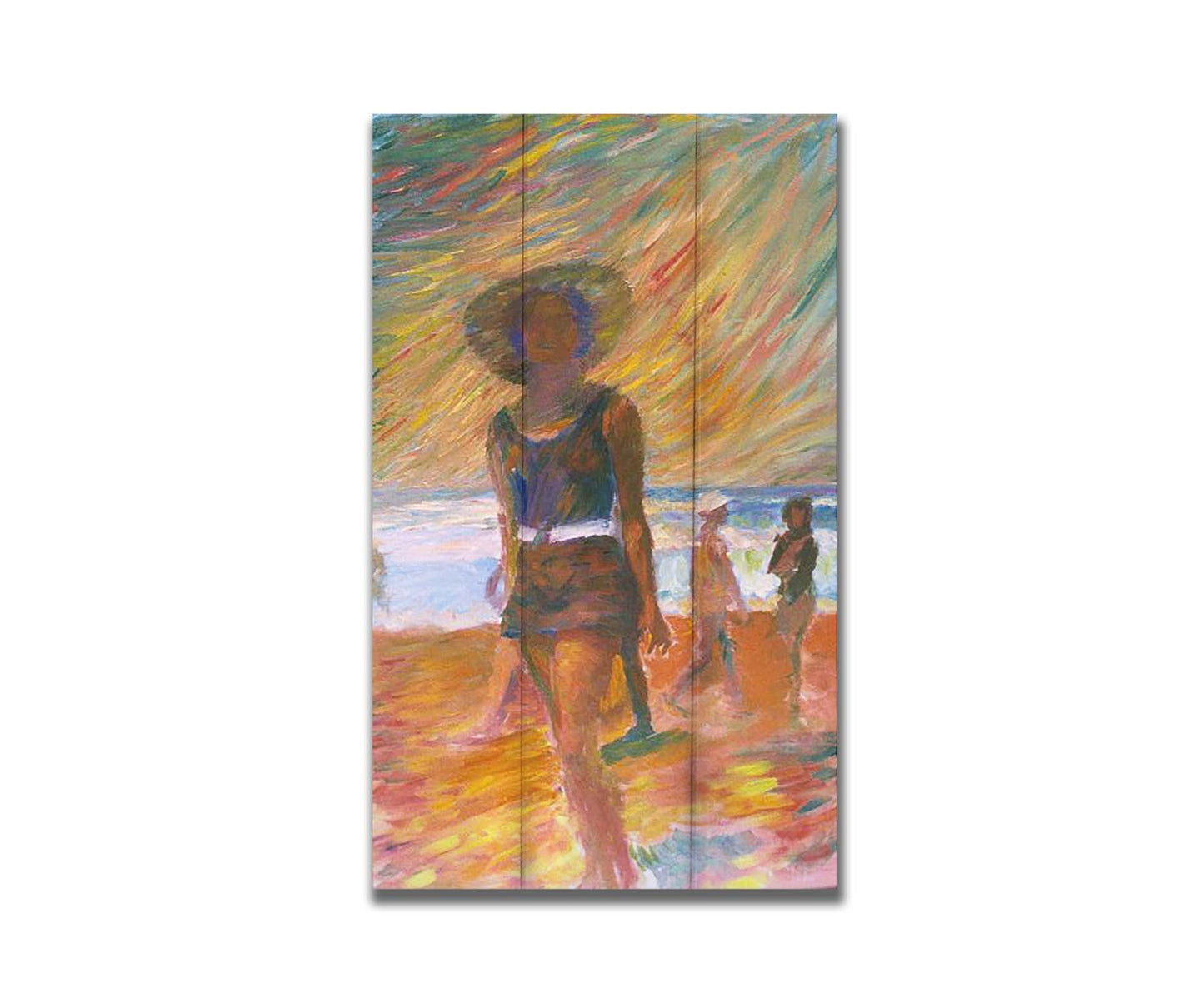 A portrait painting focused on a person at the beach, with other beachgoers visible in the background. The scene incluces orange sands, an orange and green sky, and a pale blue sea. Printed on a box board.